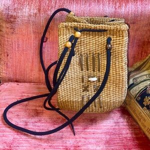 Small Woven Shoulder Bag w/Leather Stitching & Beads